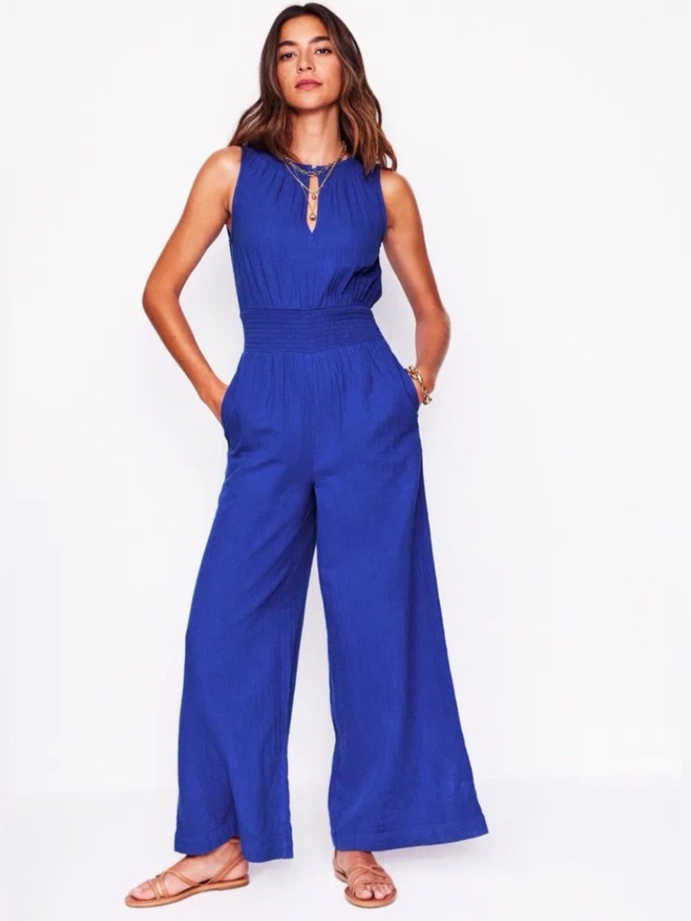 Boden Smocked Double Cloth Jumpsuit Cobalt Blue Cotton Size US 10R